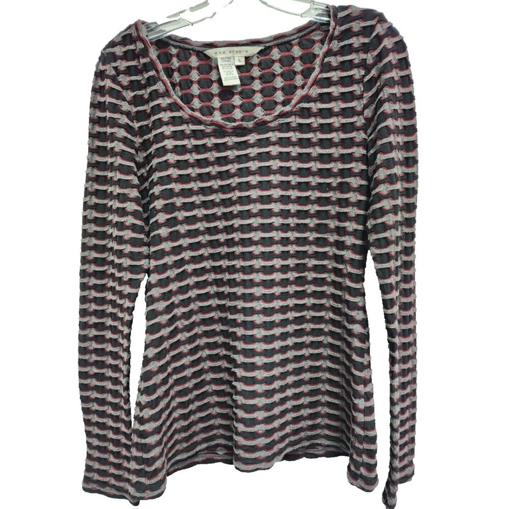 Max Studio Womens Top Size Large Textured Striped Long Sleeve Casual Staple